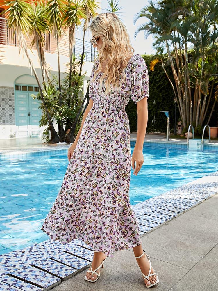 Hazel Blues | Printed Square Neck Short Sleeve Midi Dress Heliotrope Purple / S Hazel Blues | Printed Square Neck Short Sleeve Midi Dress Heliotrope Purple / S