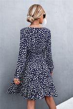 Hazel Blues® | Printed V-Neck Tie Belt Ruffle Hem Mini Dress - Hazel Blues®