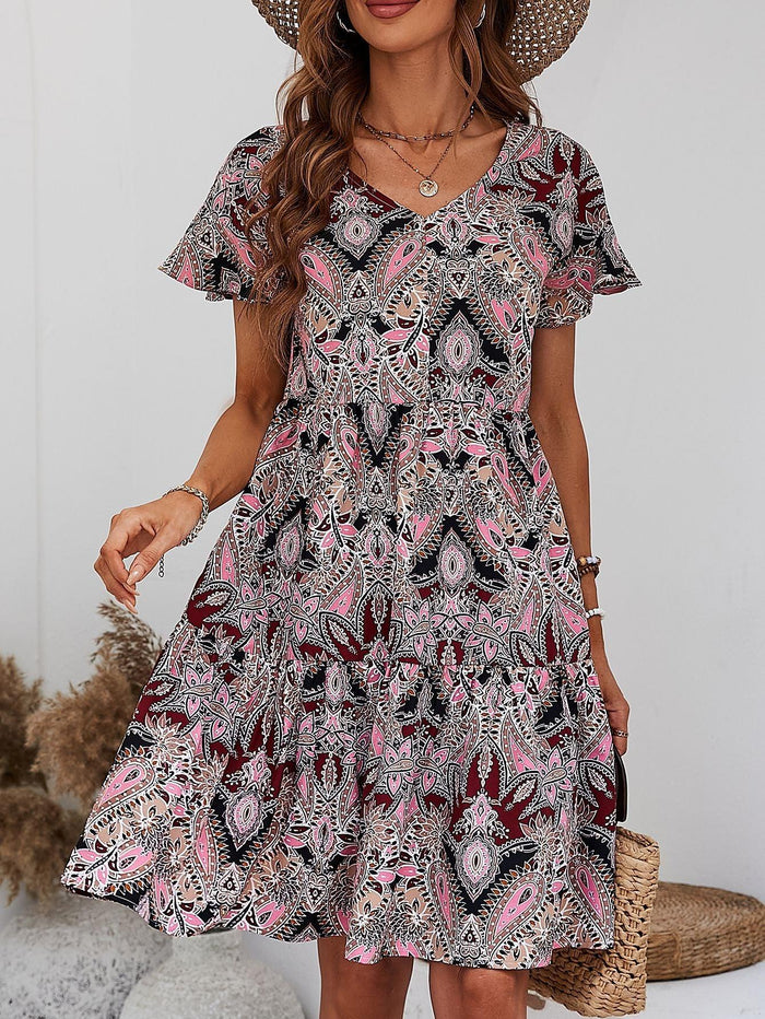 Hazel Blues® | Printed V-Neck Tiered Dress - Hazel Blues®