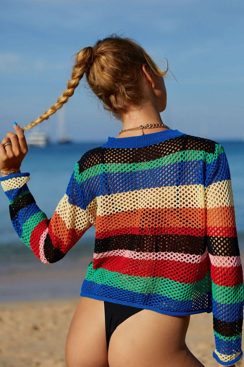 Hazel Blues® | Rainbow Stripe Openwork Long Sleeve Cover-Up - Hazel Blues®