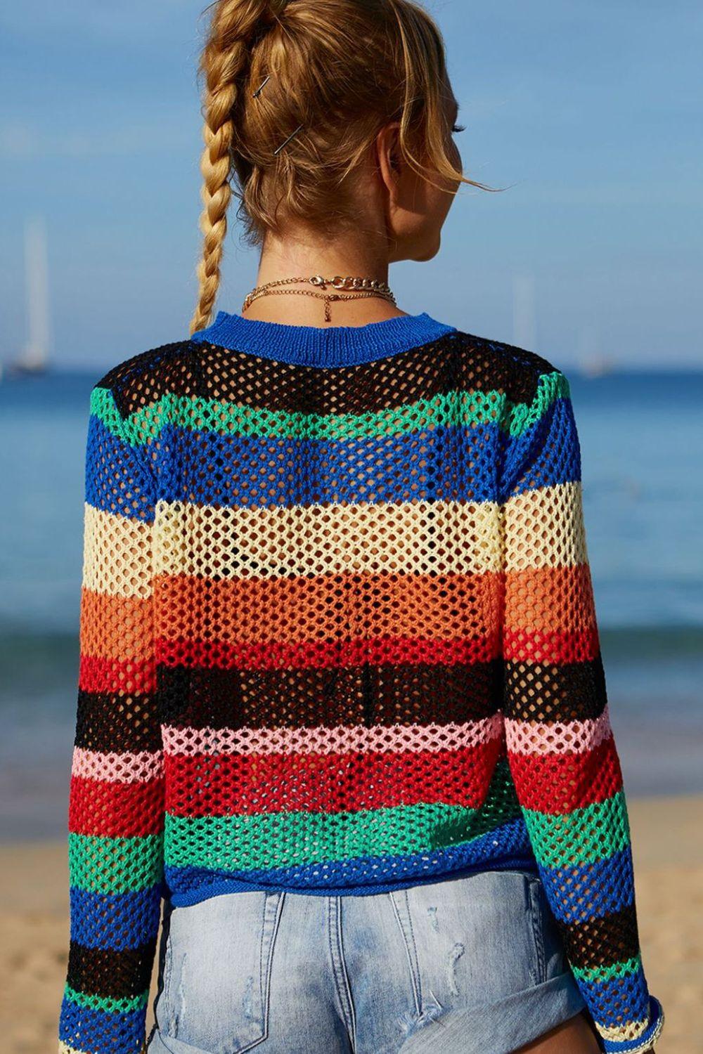 Hazel Blues® | Rainbow Stripe Openwork Long Sleeve Cover-Up - Hazel Blues®