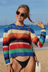 Hazel Blues® | Rainbow Stripe Openwork Long Sleeve Cover-Up - Hazel Blues®