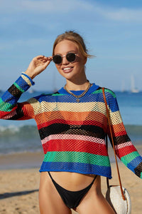 Hazel Blues® | Rainbow Stripe Openwork Long Sleeve Cover-Up - Hazel Blues®