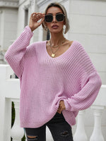 Hazel Blues® | Rib-Knit Drop Shoulder V-Neck Pullover Sweater - Hazel Blues®
