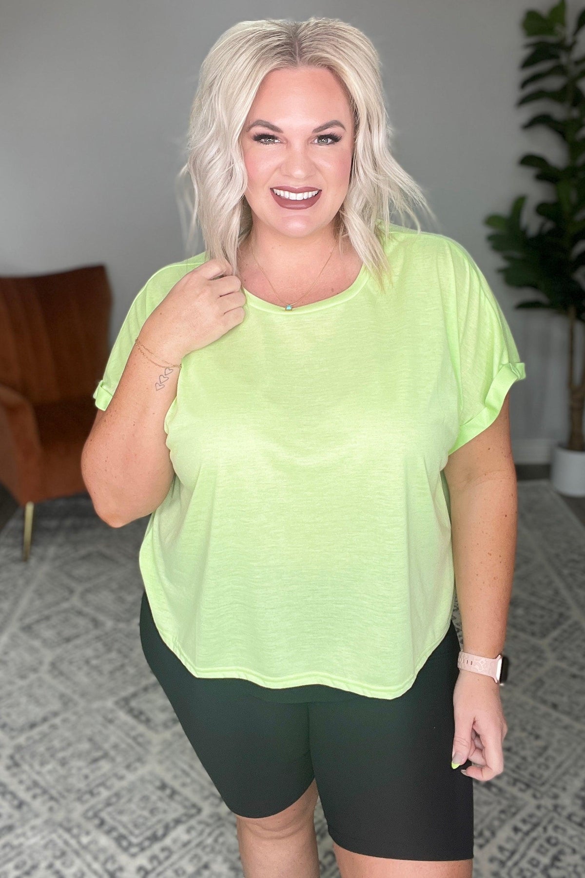 Hazel Blues® | Round Neck Cuffed Sleeve Top in Lime - Hazel Blues®