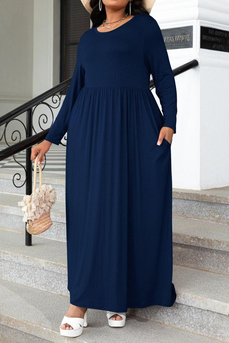 Hazel Blues® | Round Neck Long Sleeve Maxi Dress with Pockets - Hazel Blues®