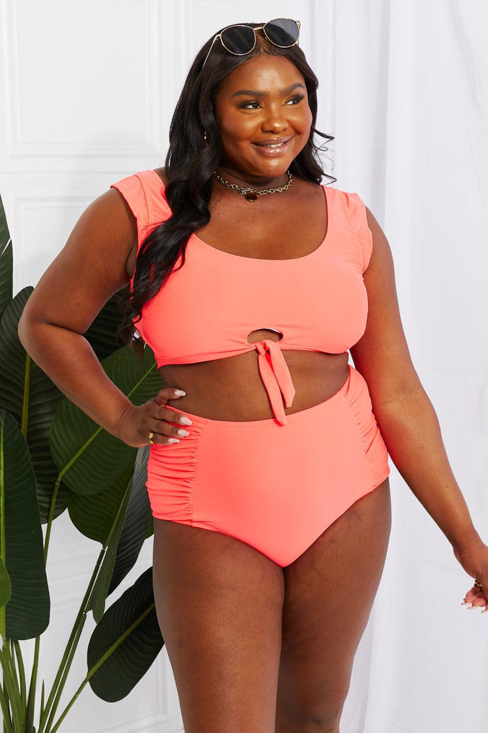 Hazel Blues® | Sanibel Crop Swim Top and Ruched Bottoms Set in Coral - Hazel Blues®