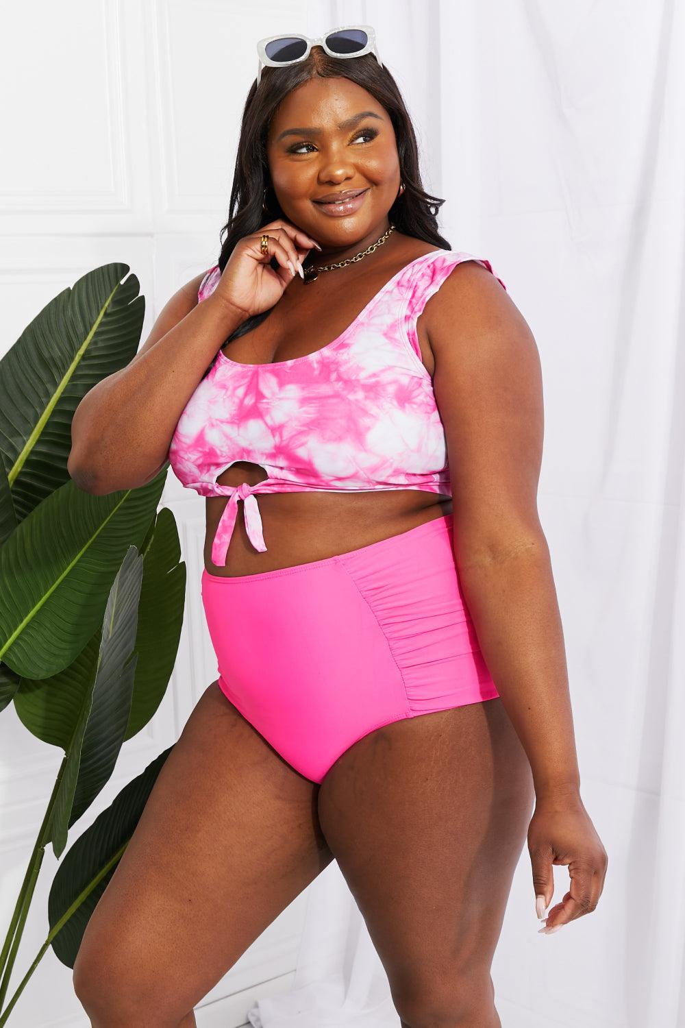 Hazel Blues® | Sanibel Crop Swim Top and Ruched Bottoms Set in Pink - Hazel Blues®