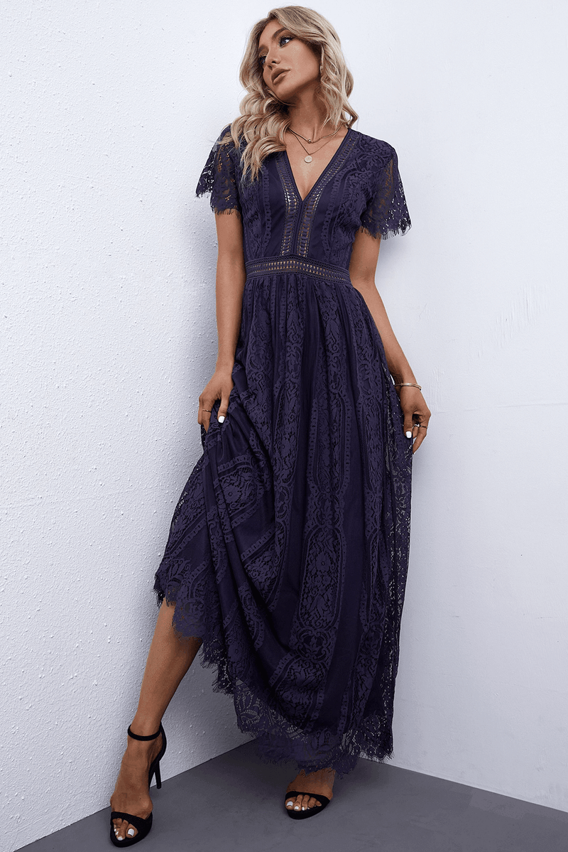 Scalloped Trim Lace Plunge Dress Wine / S By Trendsi Scalloped Trim Lace Plunge Dress Wine / S By Trendsi