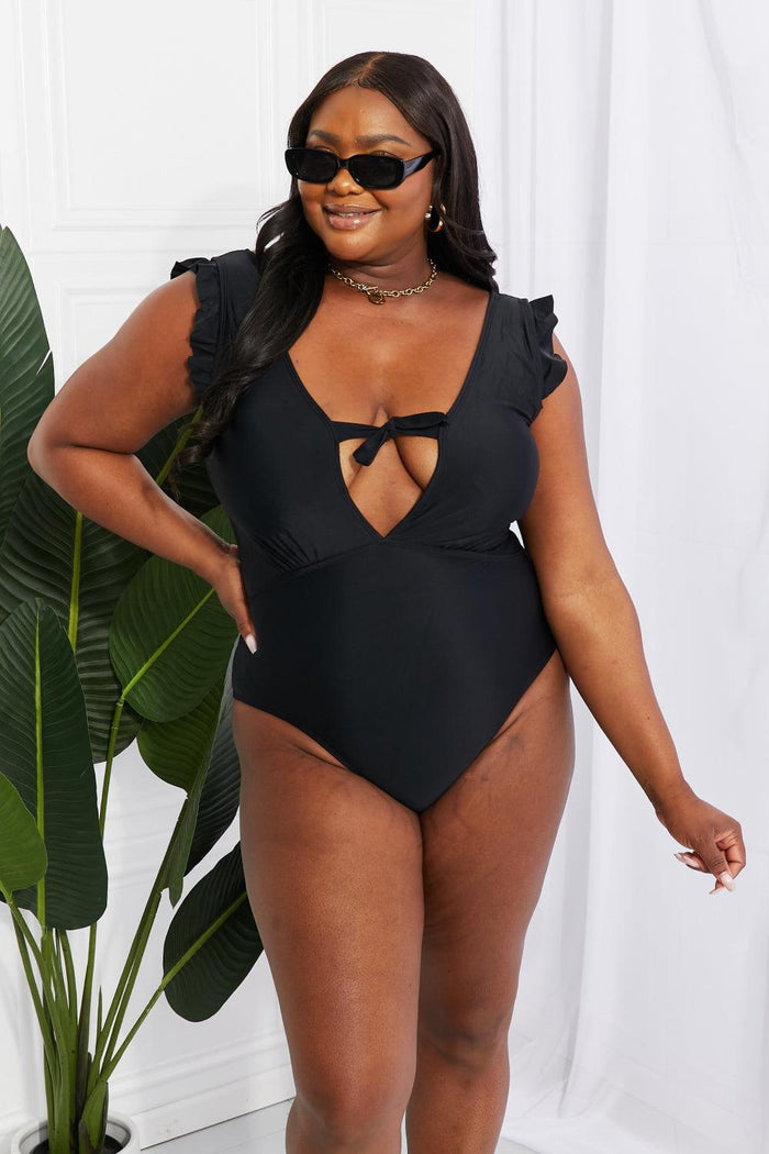 Hazel Blues® | Seashell Ruffle Sleeve One-Piece in Black - Hazel Blues®