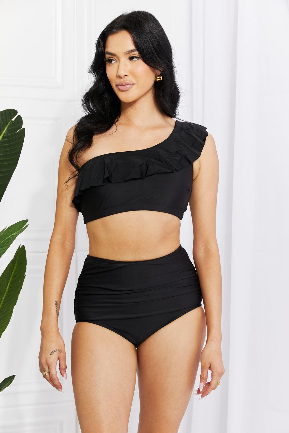Hazel Blues Seaside Romance Ruffle One Shoulder Bikini in Black