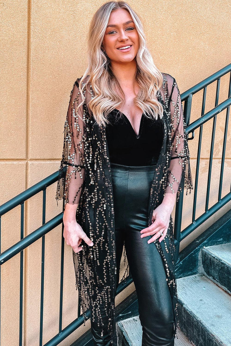 Hazel Blues | Sequin Open Front Sheer Cardigan Hazel Blues | Sequin Open Front Sheer Cardigan