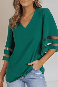 Hazel Blues® | Sheer Striped Flare Sleeve V-Neck Blouse - Hazel Blues®