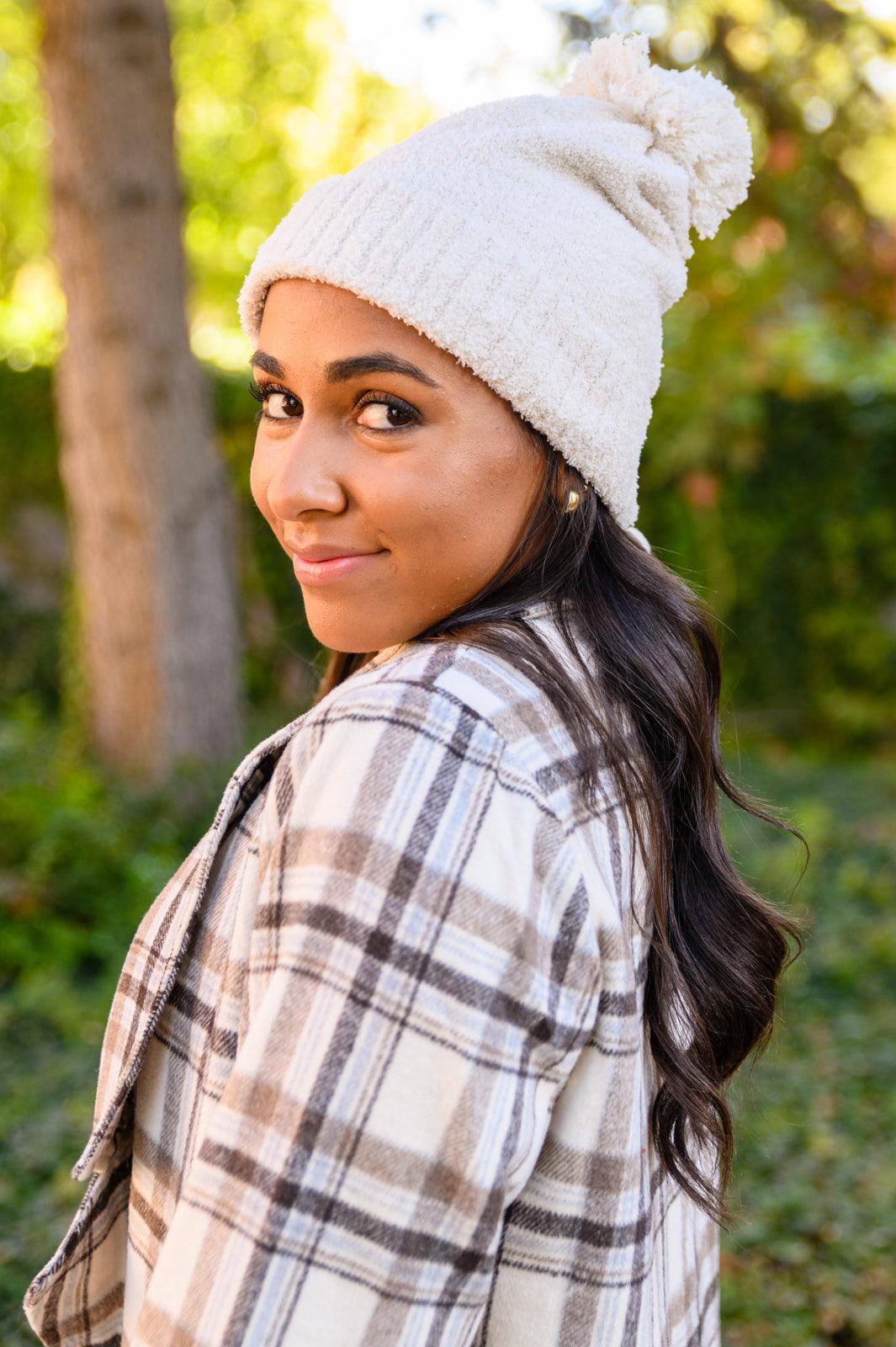 Hazel Blues® | Slouchy Boucle Pom Beanie In Ivory - Hazel Blues®