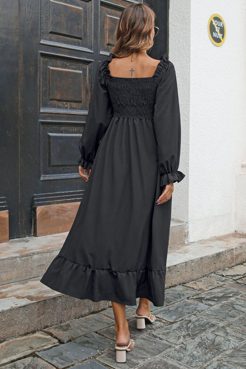 Smocked Ruffle-Hem Flounce Sleeve Dress