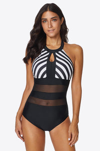 Hazel Blues® | Striped Cutout Spliced Mesh Halter Neck One-Piece Swimsuit - Hazel Blues®