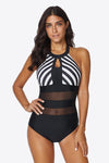 Hazel Blues® | Striped Cutout Spliced Mesh Halter Neck One-Piece Swimsuit - Hazel Blues®