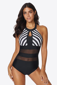 Hazel Blues® | Striped Cutout Spliced Mesh Halter Neck One-Piece Swimsuit - Hazel Blues®