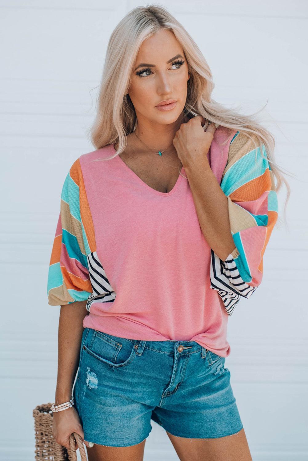 Hazel Blues® | Striped Dolman Sleeve V-Neck Top - Hazel Blues®