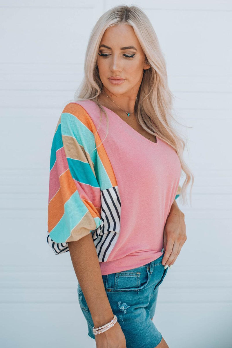 Hazel Blues® | Striped Dolman Sleeve V-Neck Top - Hazel Blues®