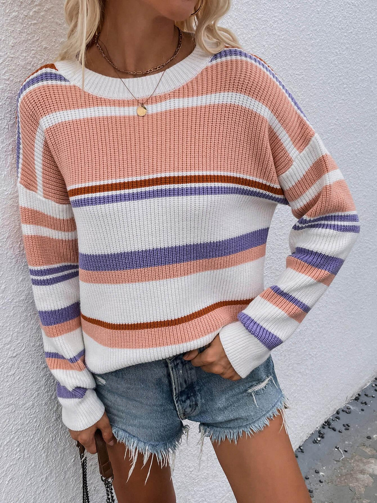 Hazel Blues® | Striped Drop Shoulder Round Neck Pullover Sweater - Hazel Blues®