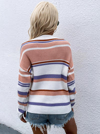 Hazel Blues® | Striped Drop Shoulder Round Neck Pullover Sweater - Hazel Blues®