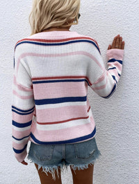 Hazel Blues® | Striped Drop Shoulder Round Neck Pullover Sweater - Hazel Blues®