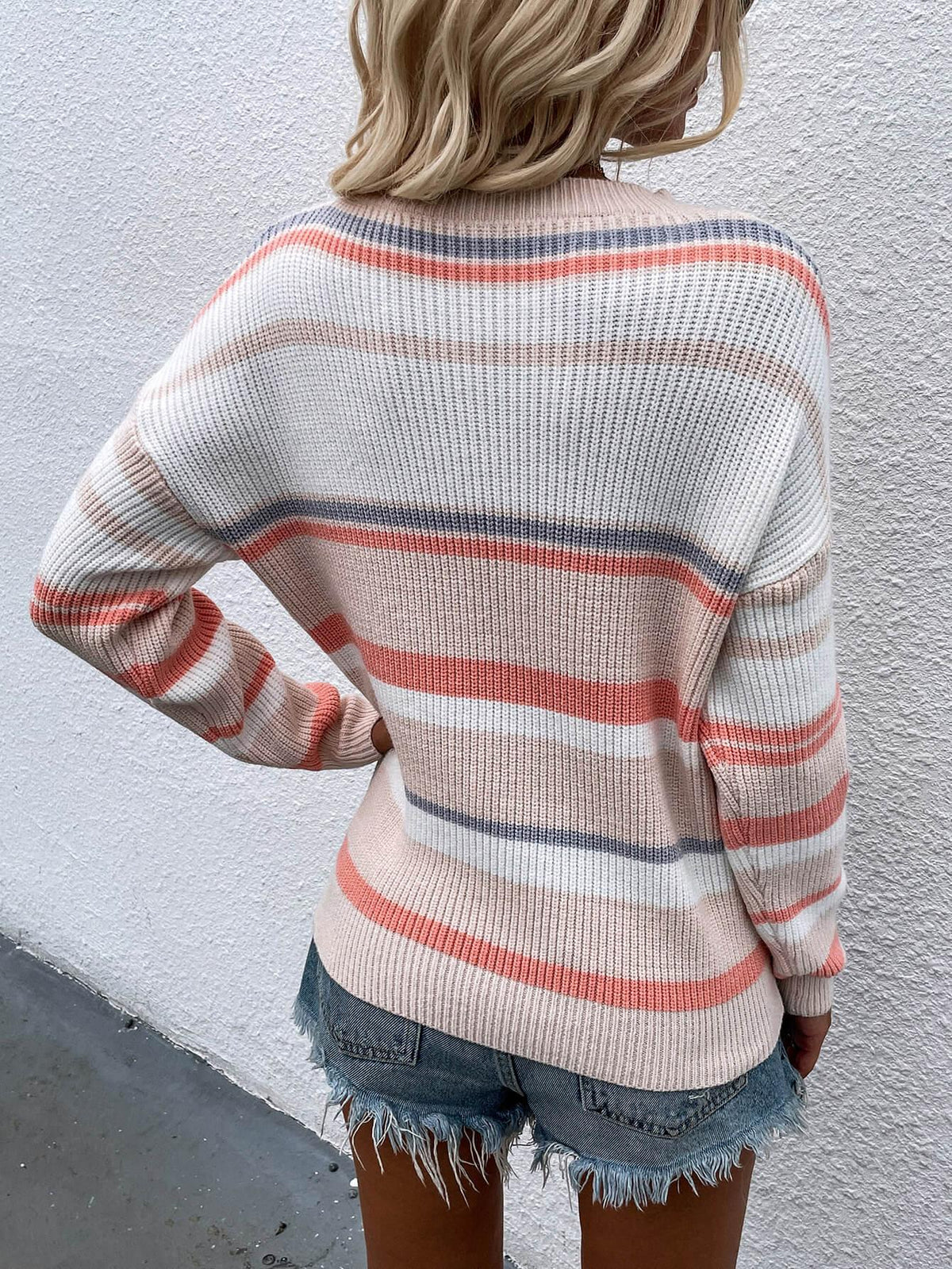 Hazel Blues® | Striped Drop Shoulder Round Neck Pullover Sweater - Hazel Blues®