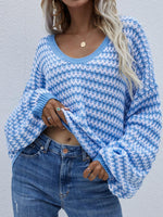 Hazel Blues® | Striped Drop Shoulder V-Neck Pullover Sweater - Hazel Blues®