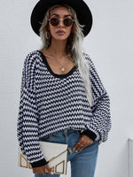 Hazel Blues® | Striped Drop Shoulder V-Neck Pullover Sweater - Hazel Blues®