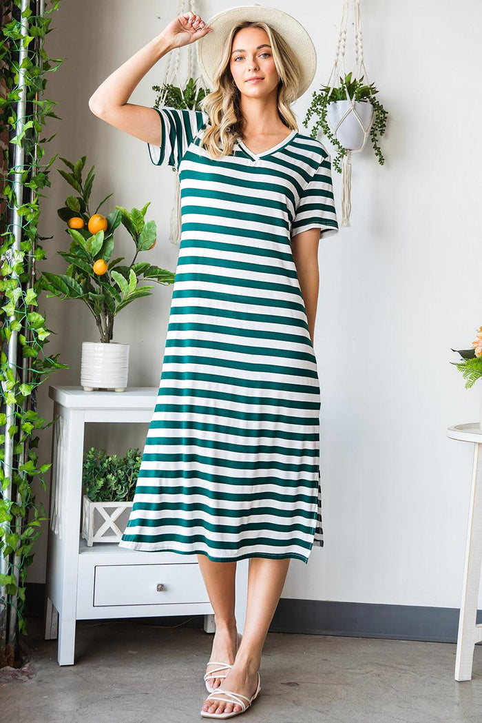 Hazel Blues® | Striped V-Neck Short Sleeve Side Slit Dress - Hazel Blues®