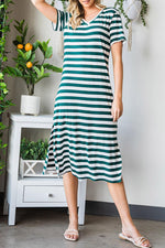 Hazel Blues® | Striped V-Neck Short Sleeve Side Slit Dress - Hazel Blues®