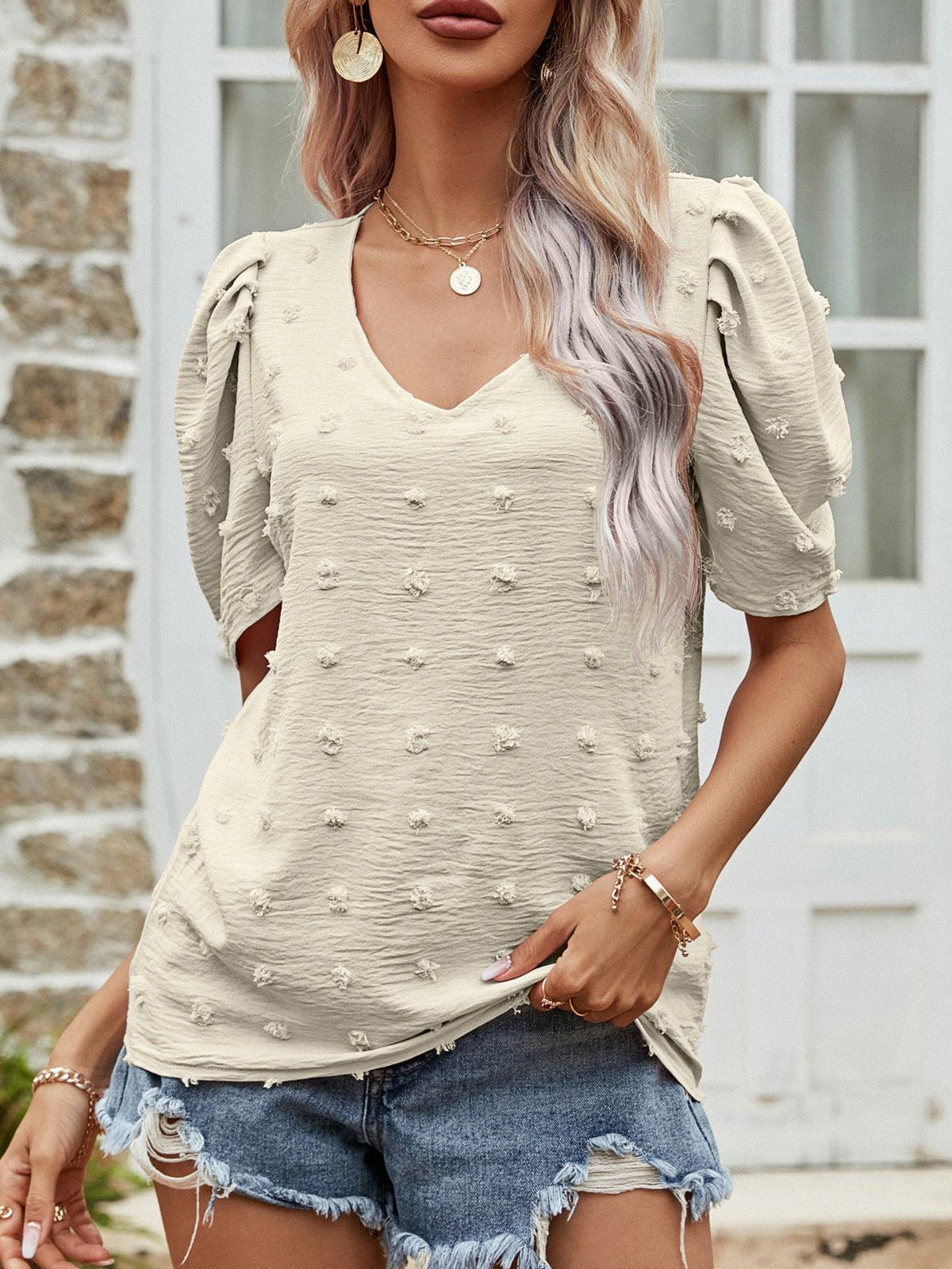 Hazel Blues® | Swiss Dot Short Puff Sleeve Top - Hazel Blues®