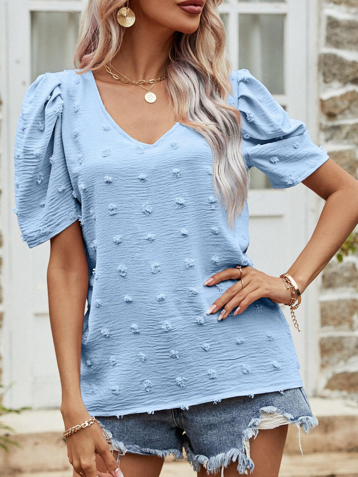 Hazel Blues® | Swiss Dot Short Puff Sleeve Top - Hazel Blues®