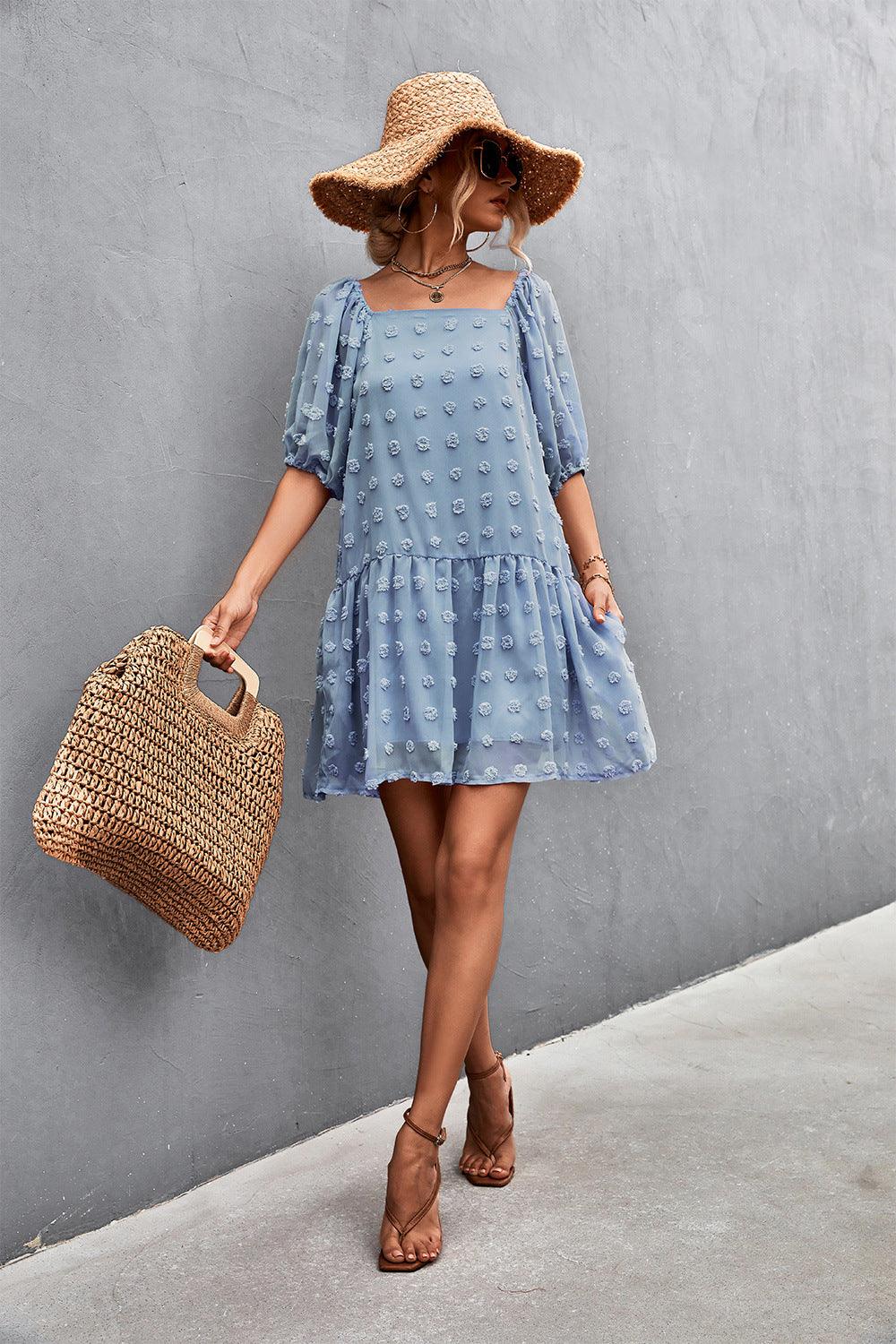 Hazel Blues® | Swiss Dot Square Neck Half Balloon Sleeve Dress - Hazel Blues®