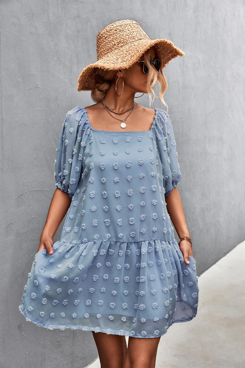 Swiss Dot Square Neck Dress with Pockets Pink / S Swiss Dot Square Neck Dress with Pockets Pink / S