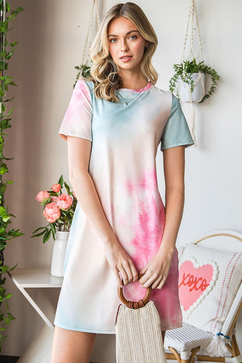 Hazel Blues® | Tie-Dye Round Neck Short Sleeve Slit Dress - Hazel Blues®