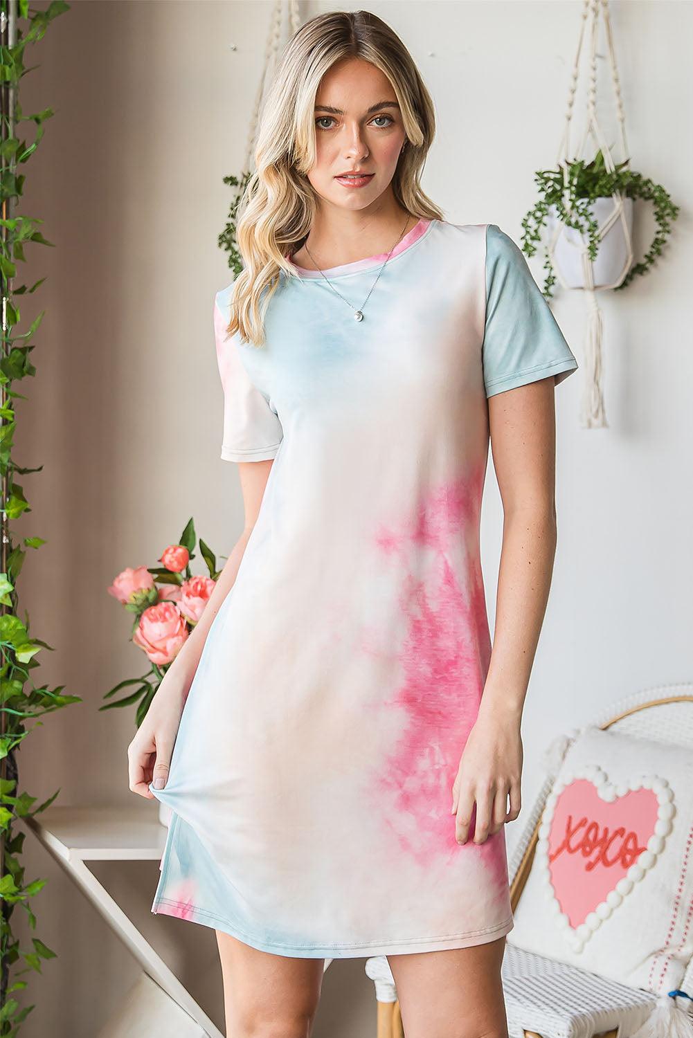 Hazel Blues® | Tie-Dye Round Neck Short Sleeve Slit Dress - Hazel Blues®