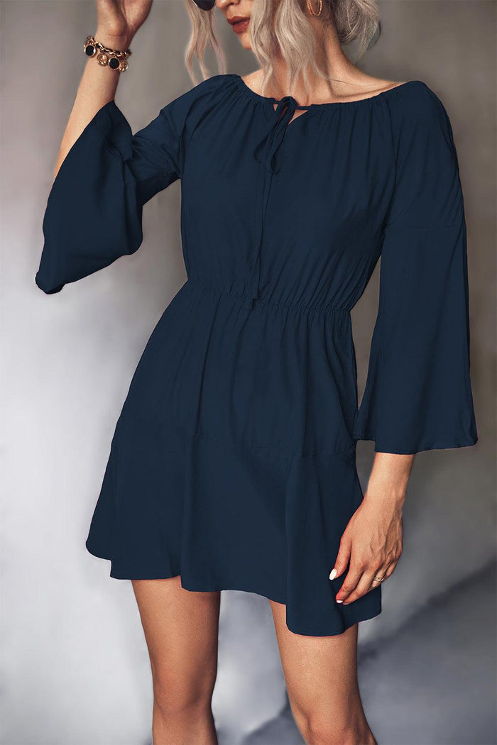 Hazel Blues® | Tie Neck Flare Sleeve Mini Dress - Hazel Blues®