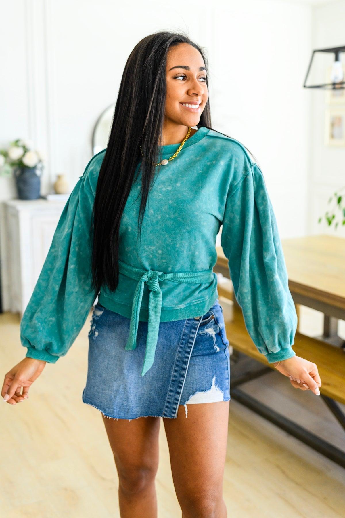 Hazel Blues® | Tied Up In Cuteness Mineral Wash Sweater in Teal - Hazel Blues®