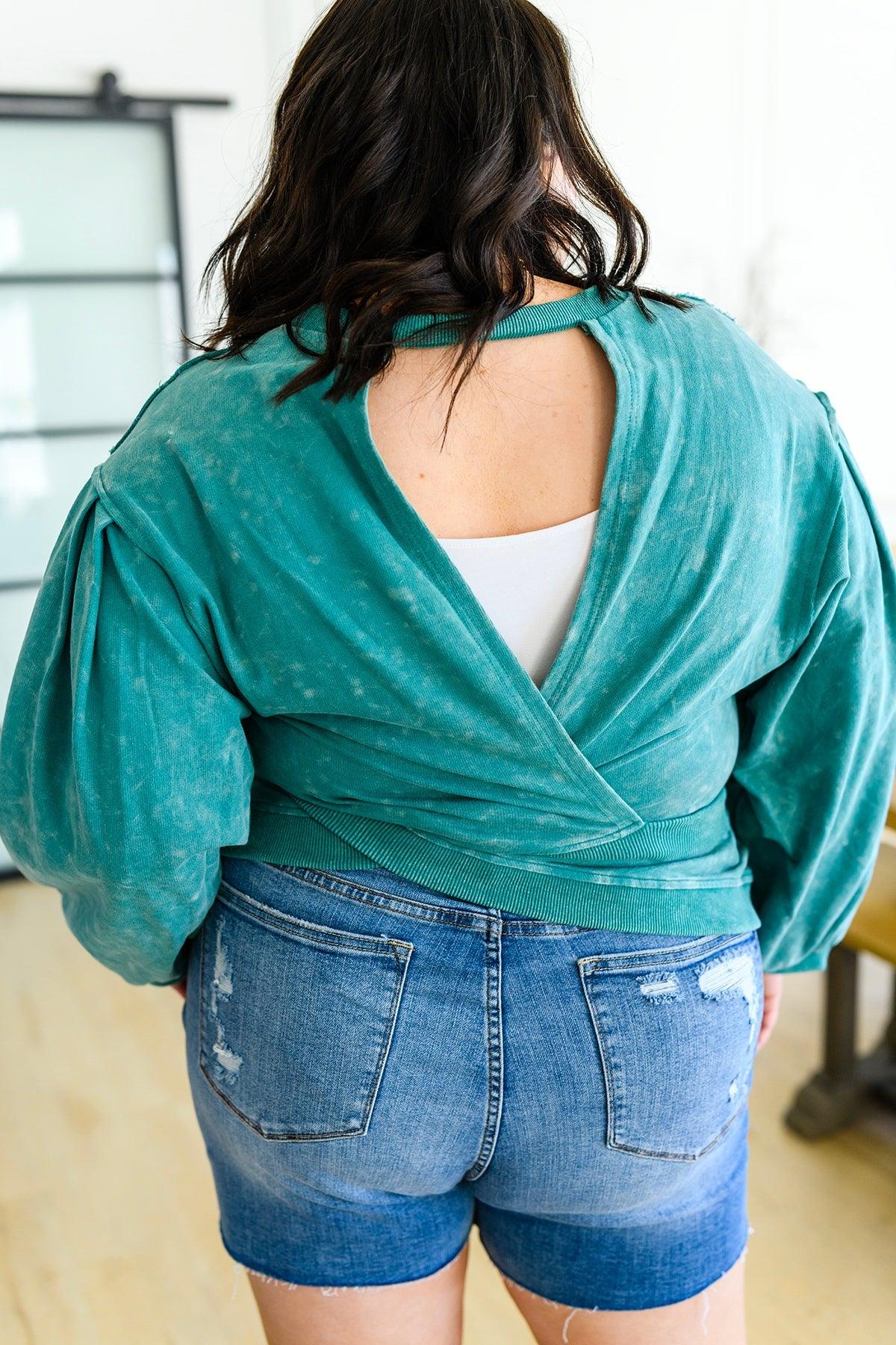 Hazel Blues® | Tied Up In Cuteness Mineral Wash Sweater in Teal - Hazel Blues®