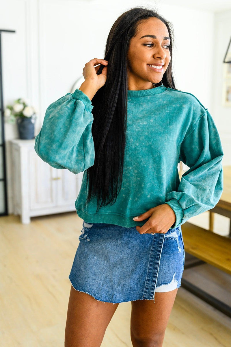 Hazel Blues® | Tied Up In Cuteness Mineral Wash Sweater in Teal