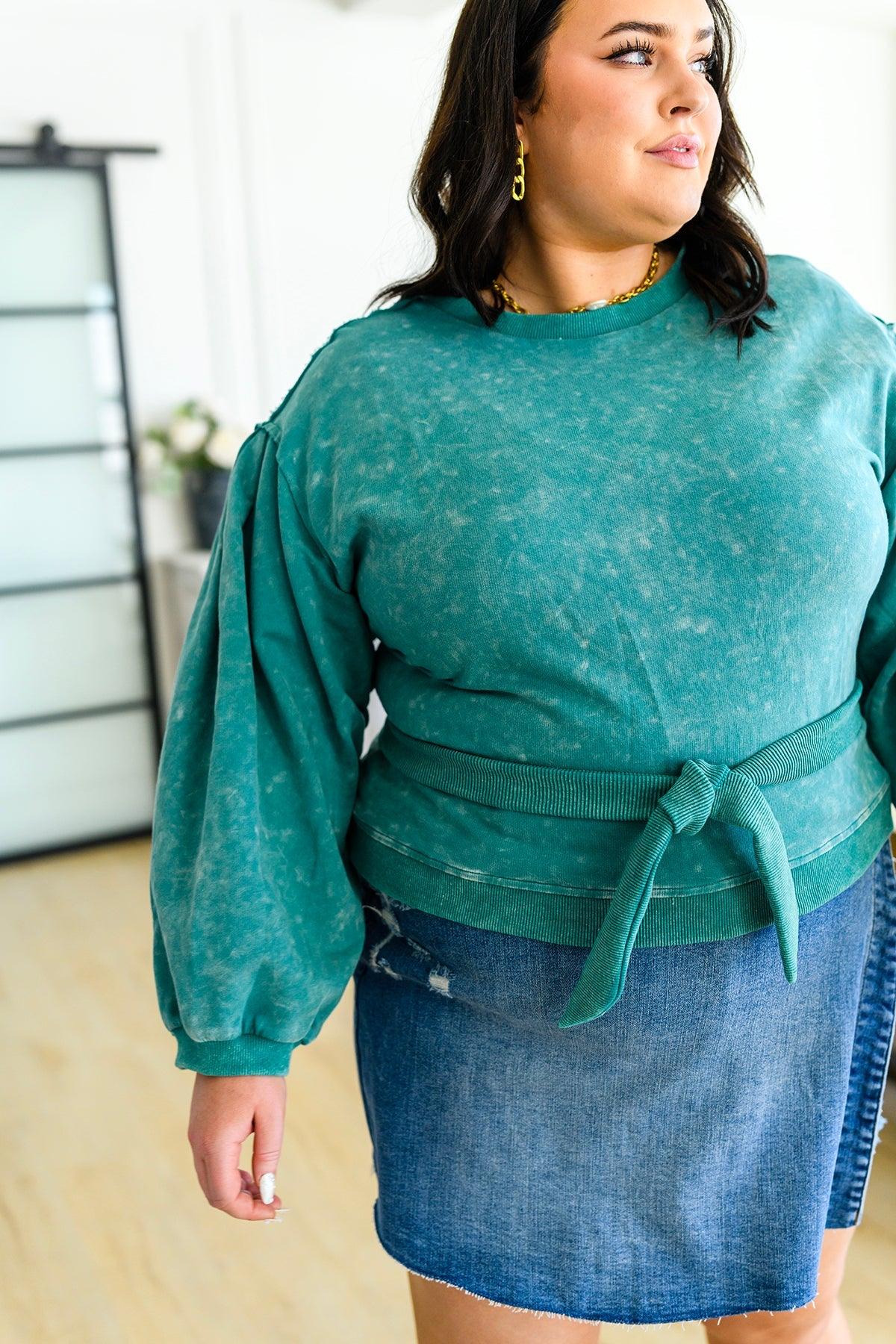 Hazel Blues® | Tied Up In Cuteness Mineral Wash Sweater in Teal - Hazel Blues®