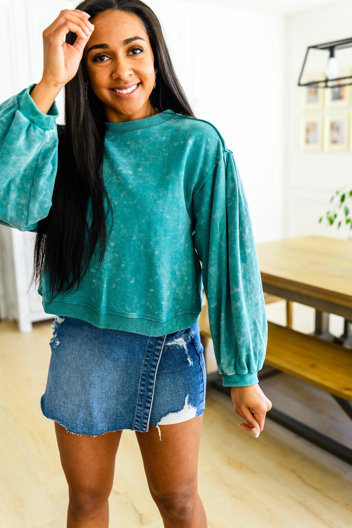 Hazel Blues® | Tied Up In Cuteness Mineral Wash Sweater in Teal - Hazel Blues®