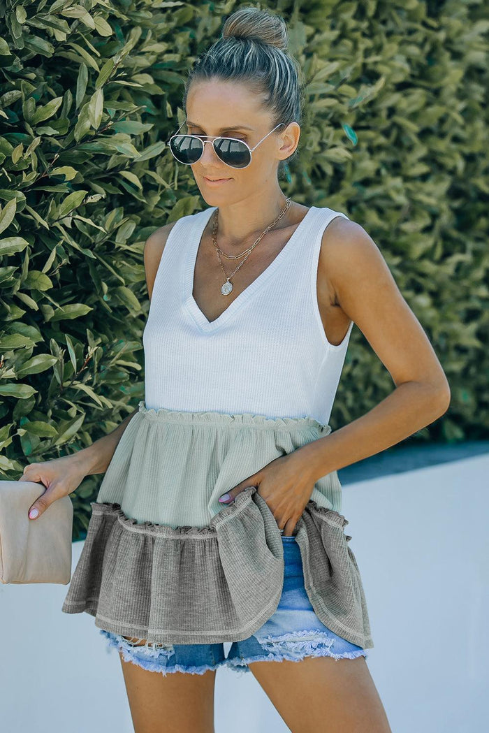 Hazel Blues® | Tricolor Frill Trim V-Neck Sleeveless Top - Hazel Blues®