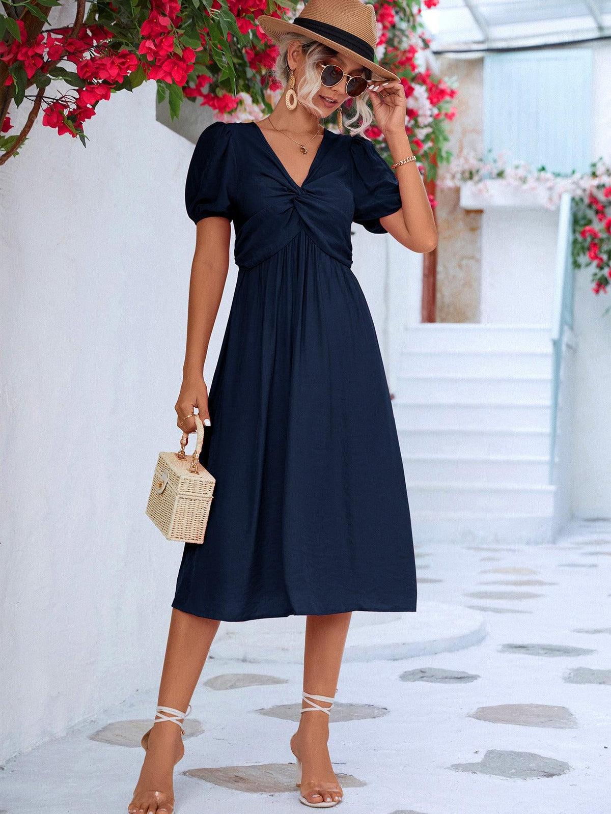 Hazel Blues® | Twisted Short Puff Sleeve V-Neck Dress - Hazel Blues®