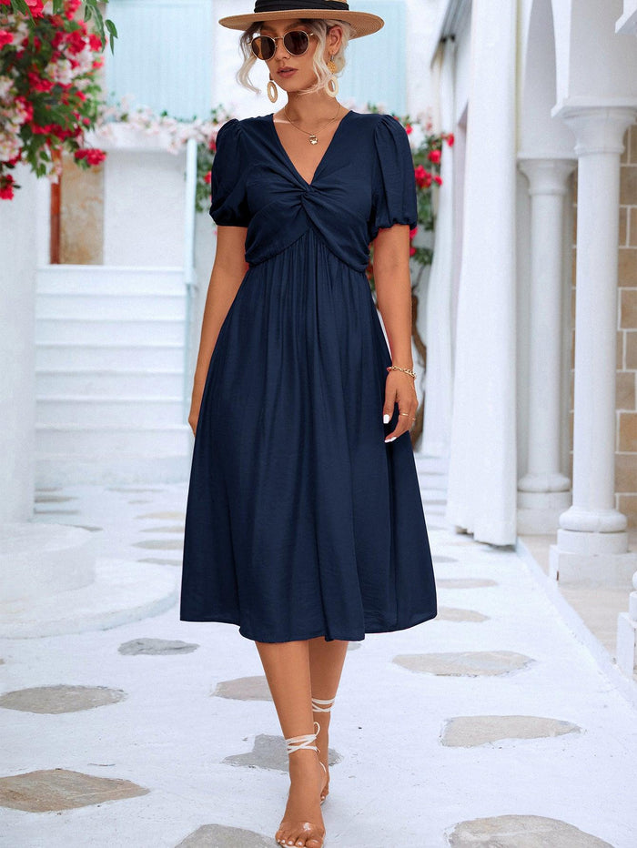 Hazel Blues® | Twisted Short Puff Sleeve V-Neck Dress - Hazel Blues®