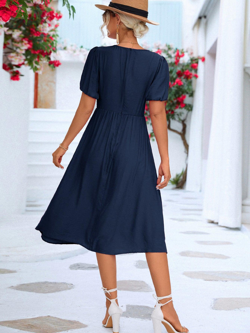 Hazel Blues® | Twisted Short Puff Sleeve V-Neck Dress - Hazel Blues®