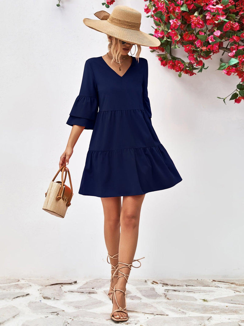 Hazel Blues® | V-Neck Flare Sleeve Mini Dress - Hazel Blues®
