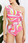 Hazel Blues® | Vitamin C Asymmetric Cutout Ruffle Swimsuit in Pink - Hazel Blues®